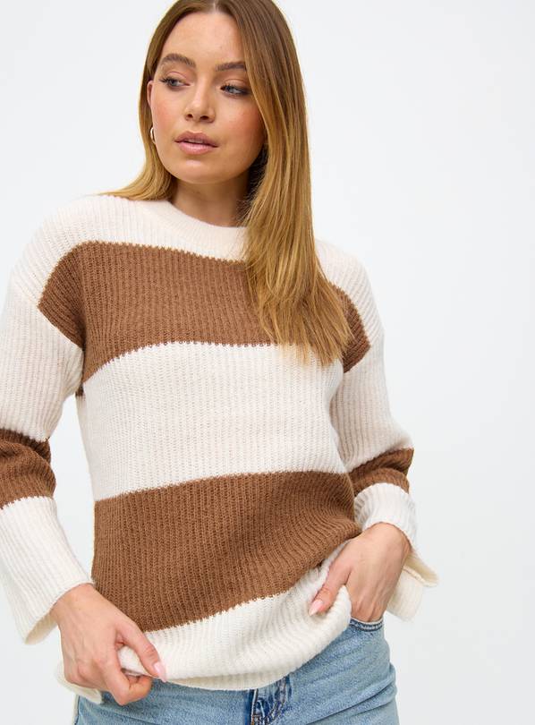 Cream & Brown Stripe Side Split Jumper  L